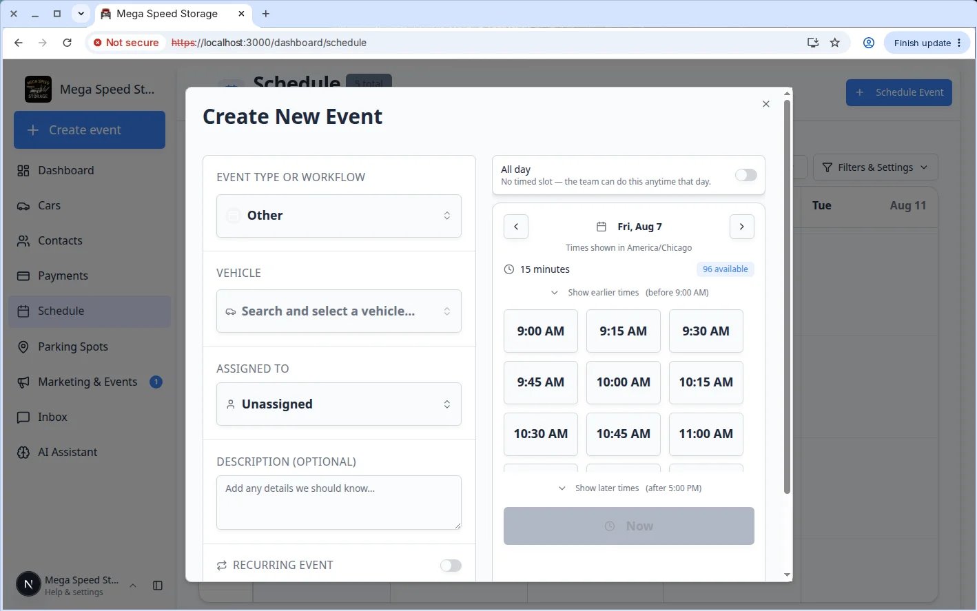 Create New Event dialog on the Schedule page showing event type, vehicle, date picker, and available time slots