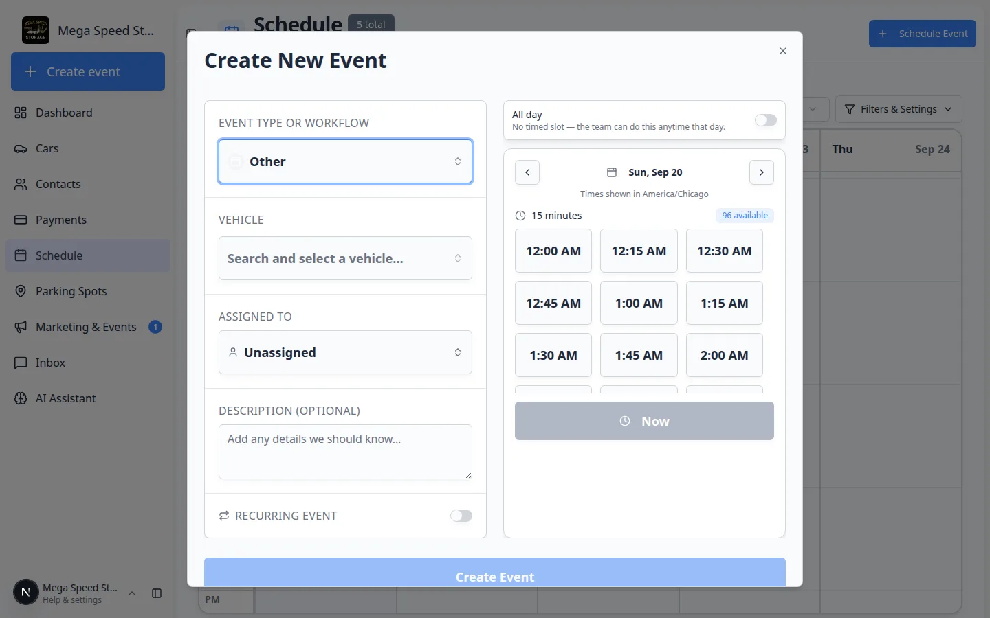 Create New Event window on Schedule with event type, vehicle, assigned to, and a date picker of available time slots
