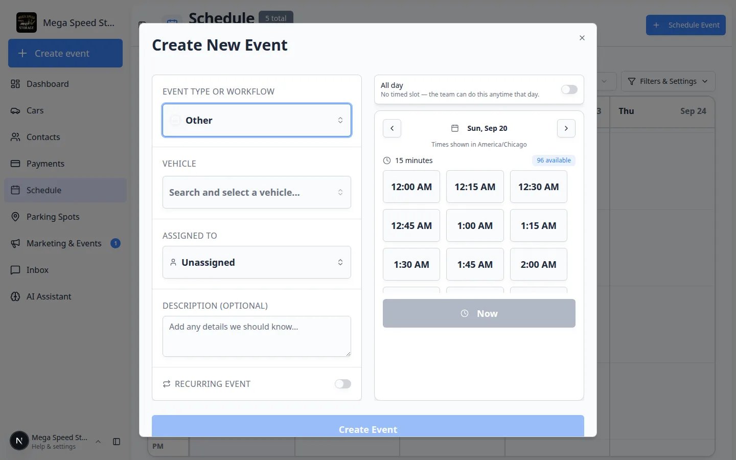 Create New Event window on Schedule with event type, vehicle, assigned to, and a date picker of available time slots