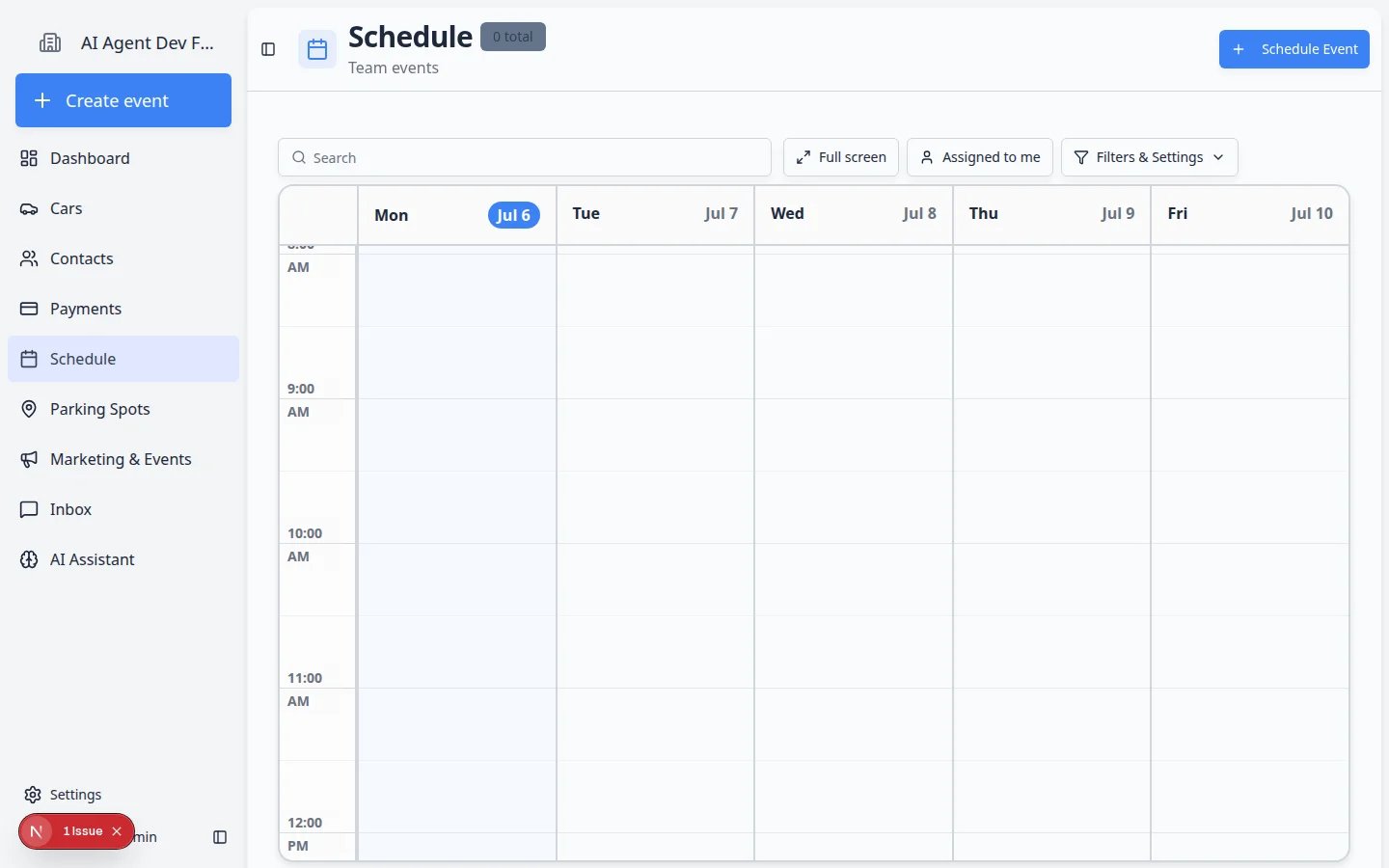 Schedule calendar filtered to Needs Approval showing a pending customer booking request