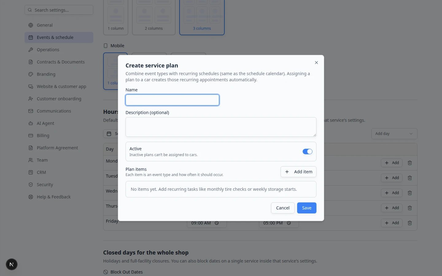 Create service plan dialog showing Name, Description, Active toggle, Plan items section, and Add item button