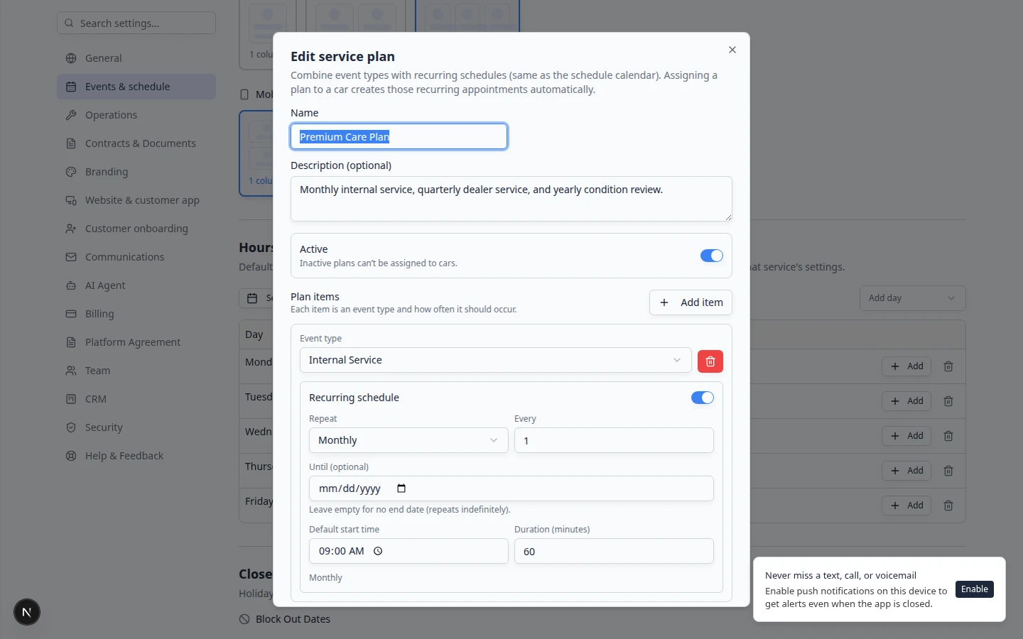 Edit service plan dialog for Premium Care Plan showing two plan items with monthly and quarterly schedules