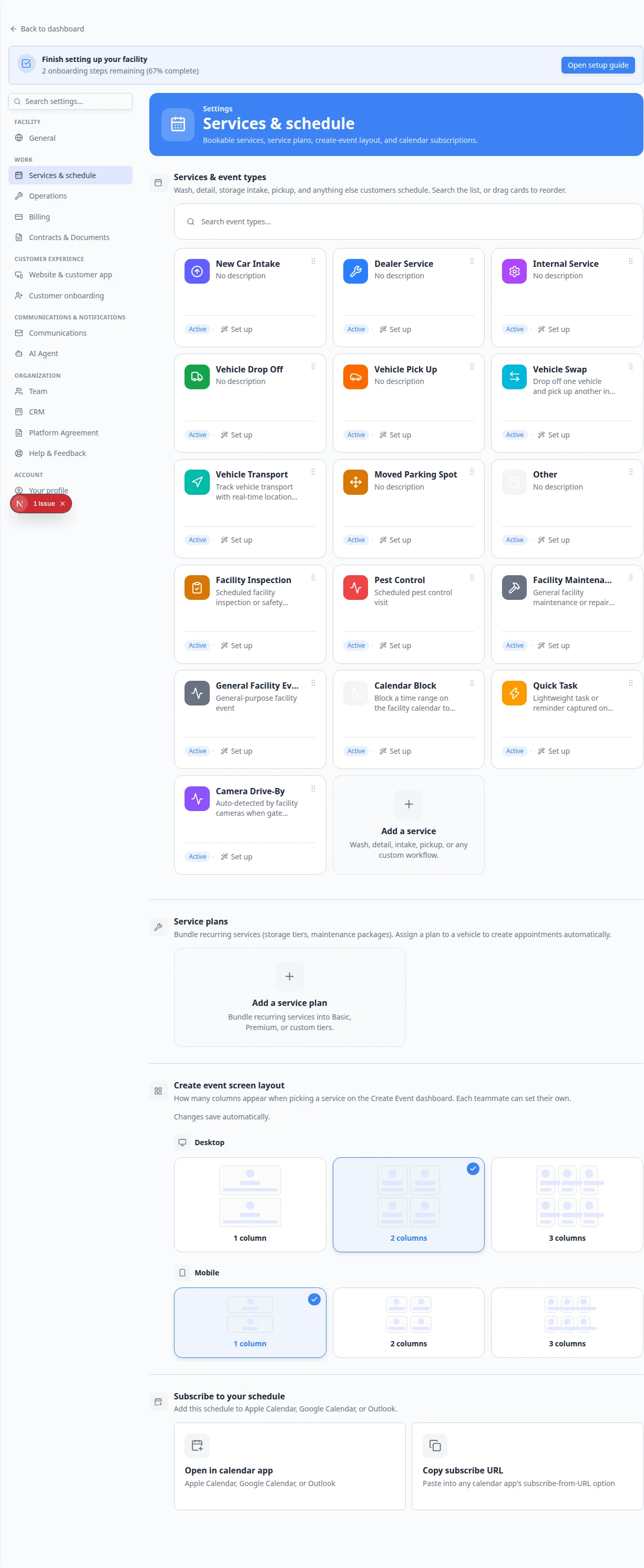 Services and schedule settings page showing event type cards in a grid with Set up and Advanced buttons