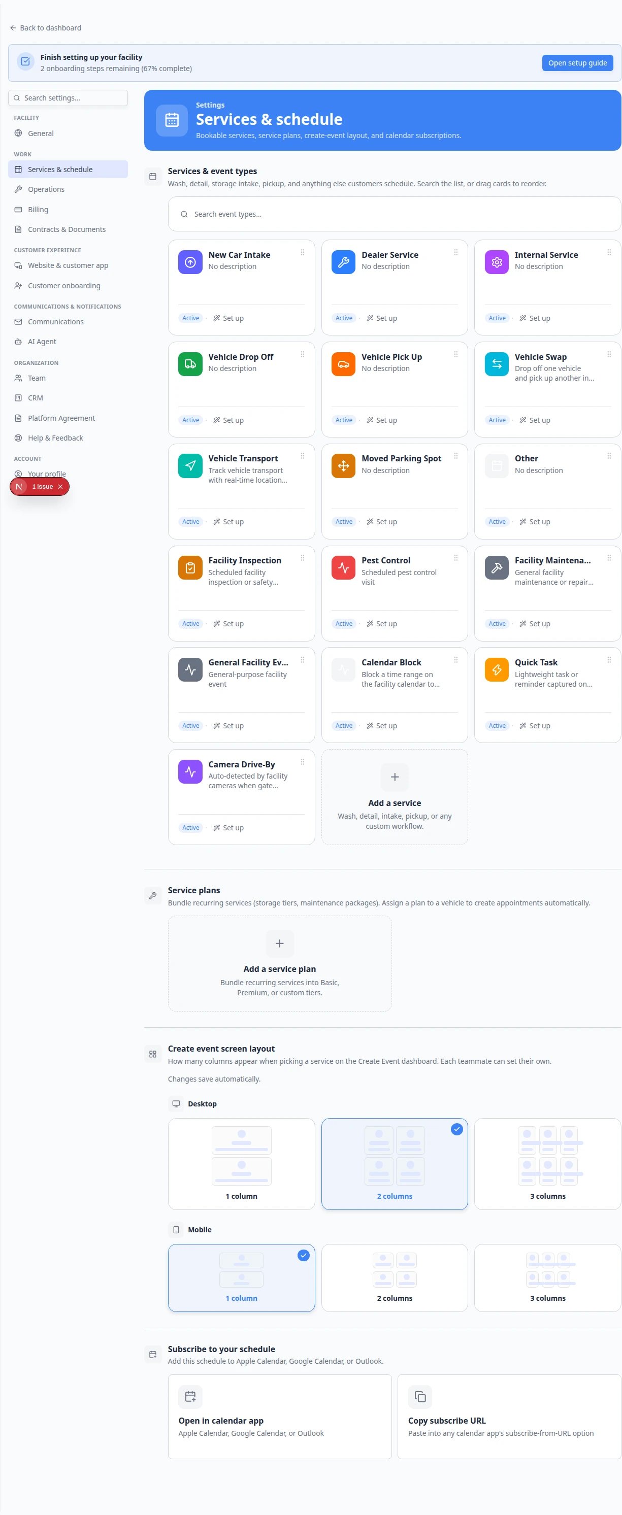 Services and schedule settings page showing event type cards in a grid with Set up and Advanced buttons