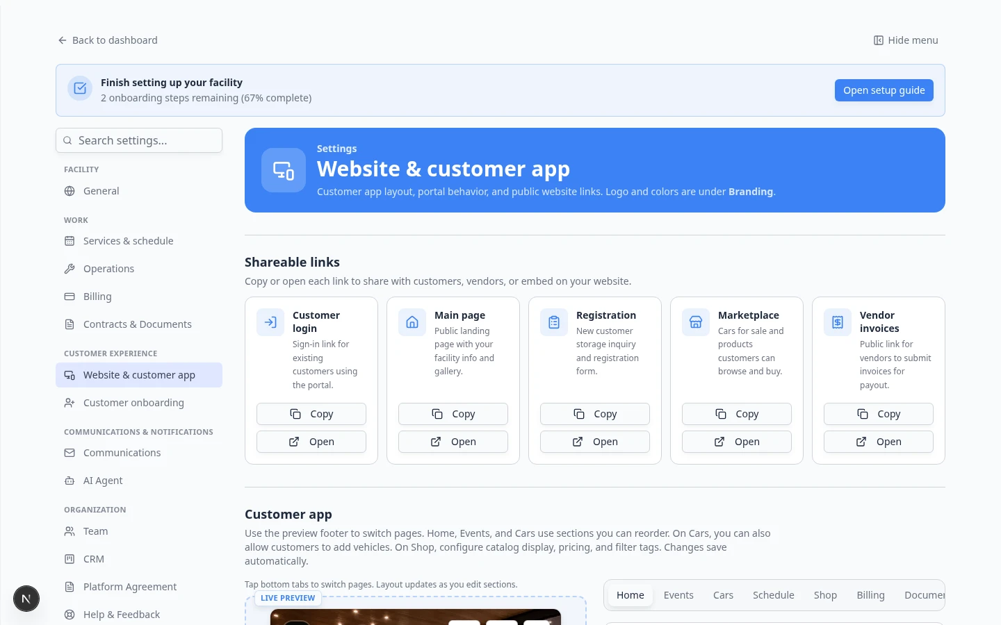 Custom domain settings with a domain field and hosting choices