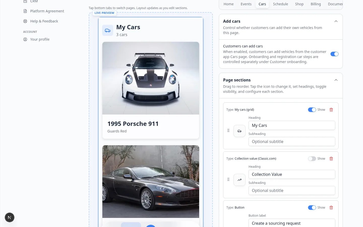 Cars page settings showing the Customers can add cars switch under Add cars next to a customer Cars preview