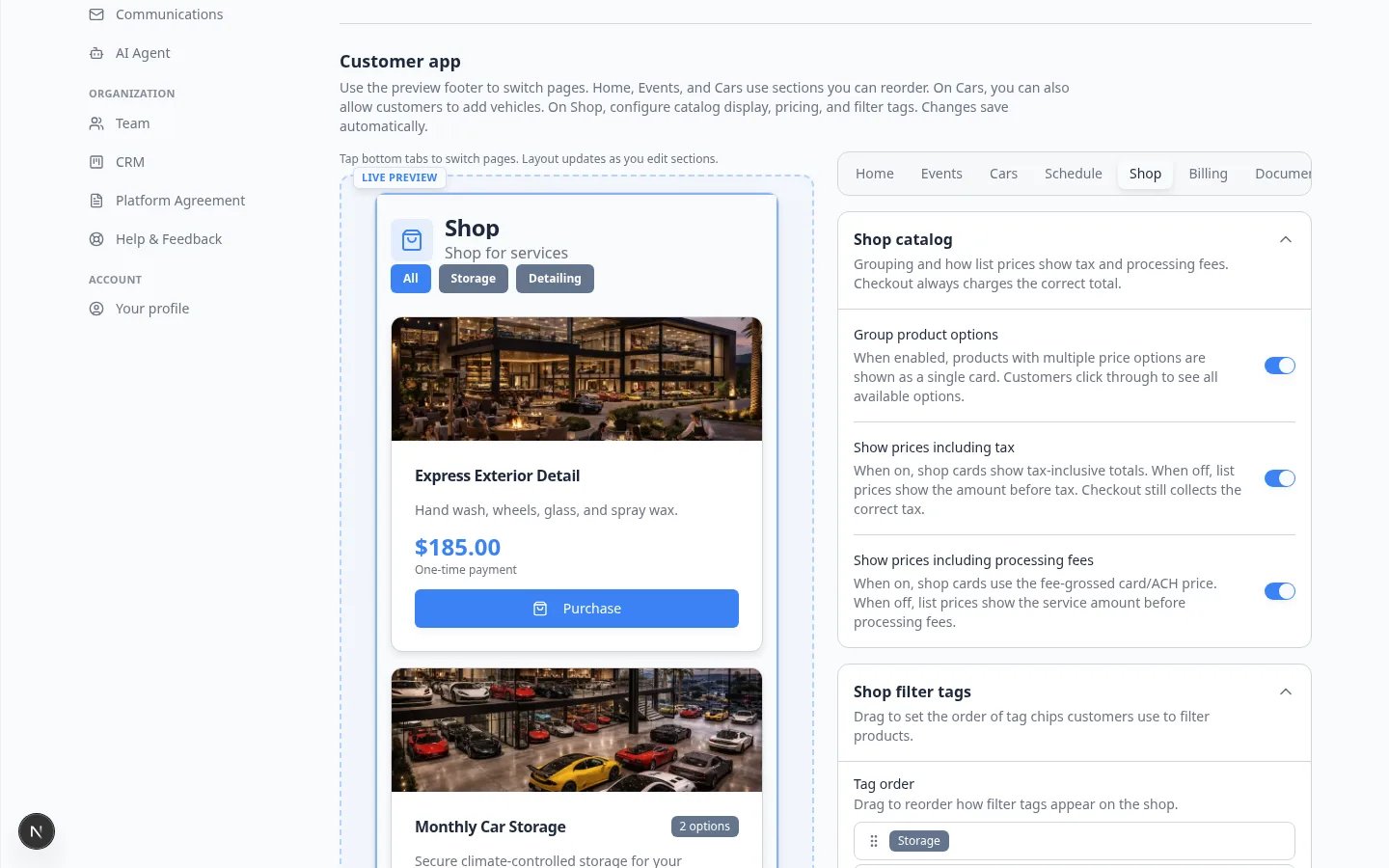 Shop catalog settings with Group product options, Show prices including tax, and Show prices including processing fees switches next to a Shop preview