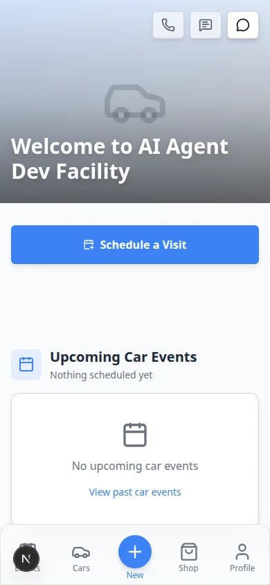 Signed-in customer portal home screen on a phone showing facility photos, upcoming events, and quick action buttons