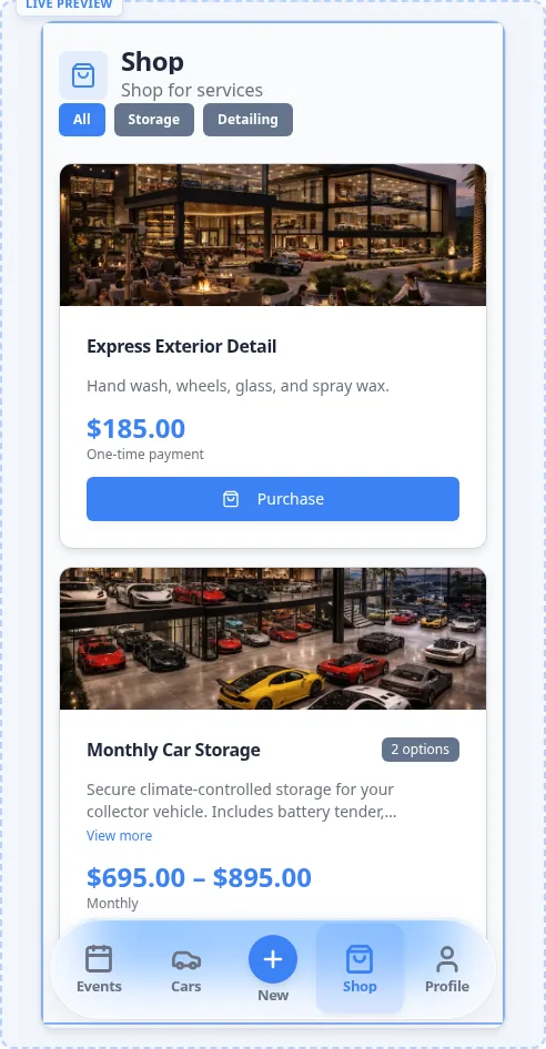 Customer Shop page showing Storage and Detailing filter chips, Express Exterior Detail for 185, and Monthly Car Storage with a 695 to $895 price range