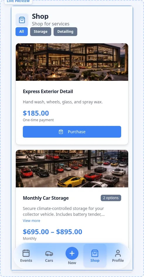 Customer Shop page showing Storage and Detailing filter chips, Express Exterior Detail for 185, and Monthly Car Storage with a 695 to $895 price range