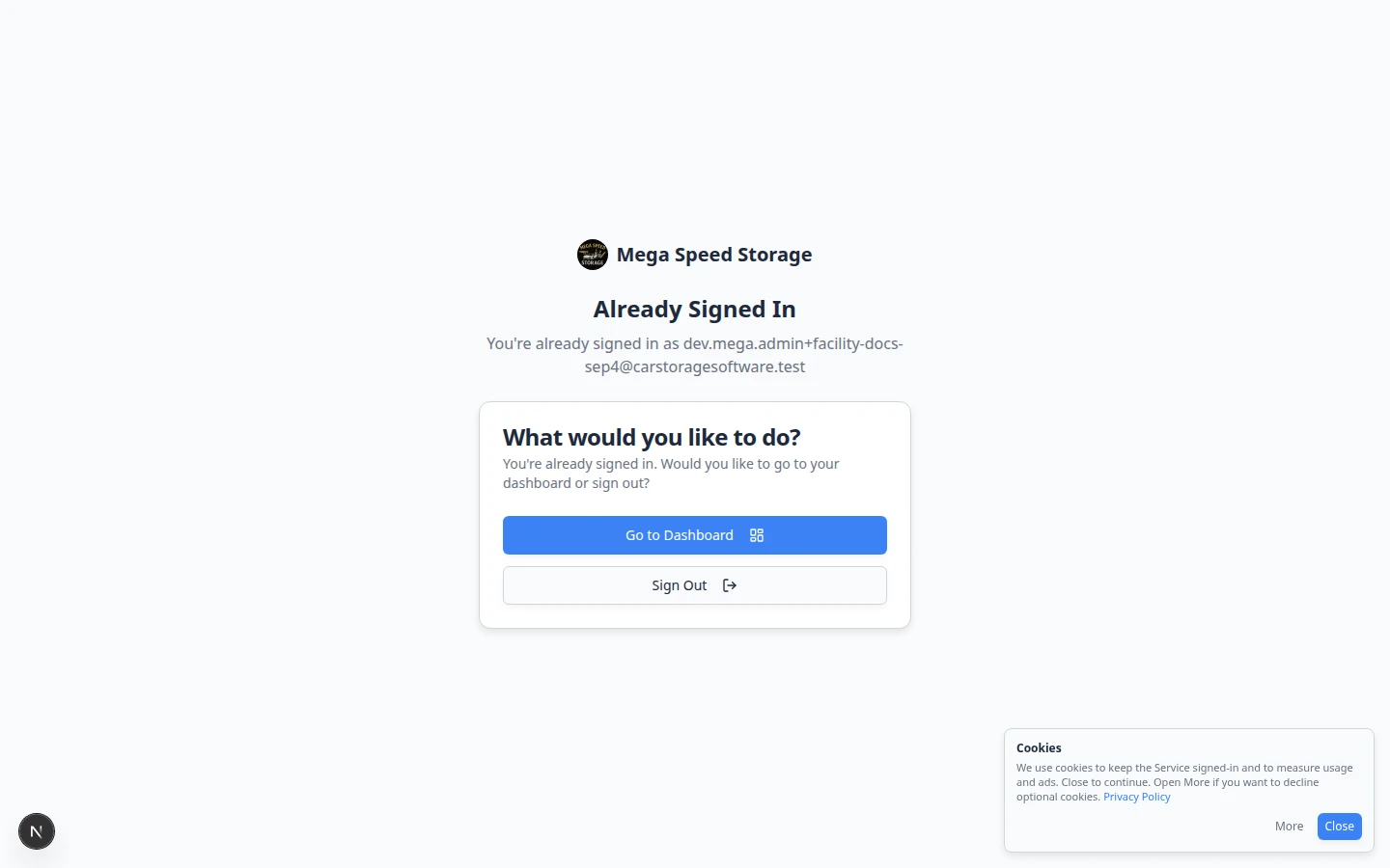 Customer portal sign-in page with facility name and email field
