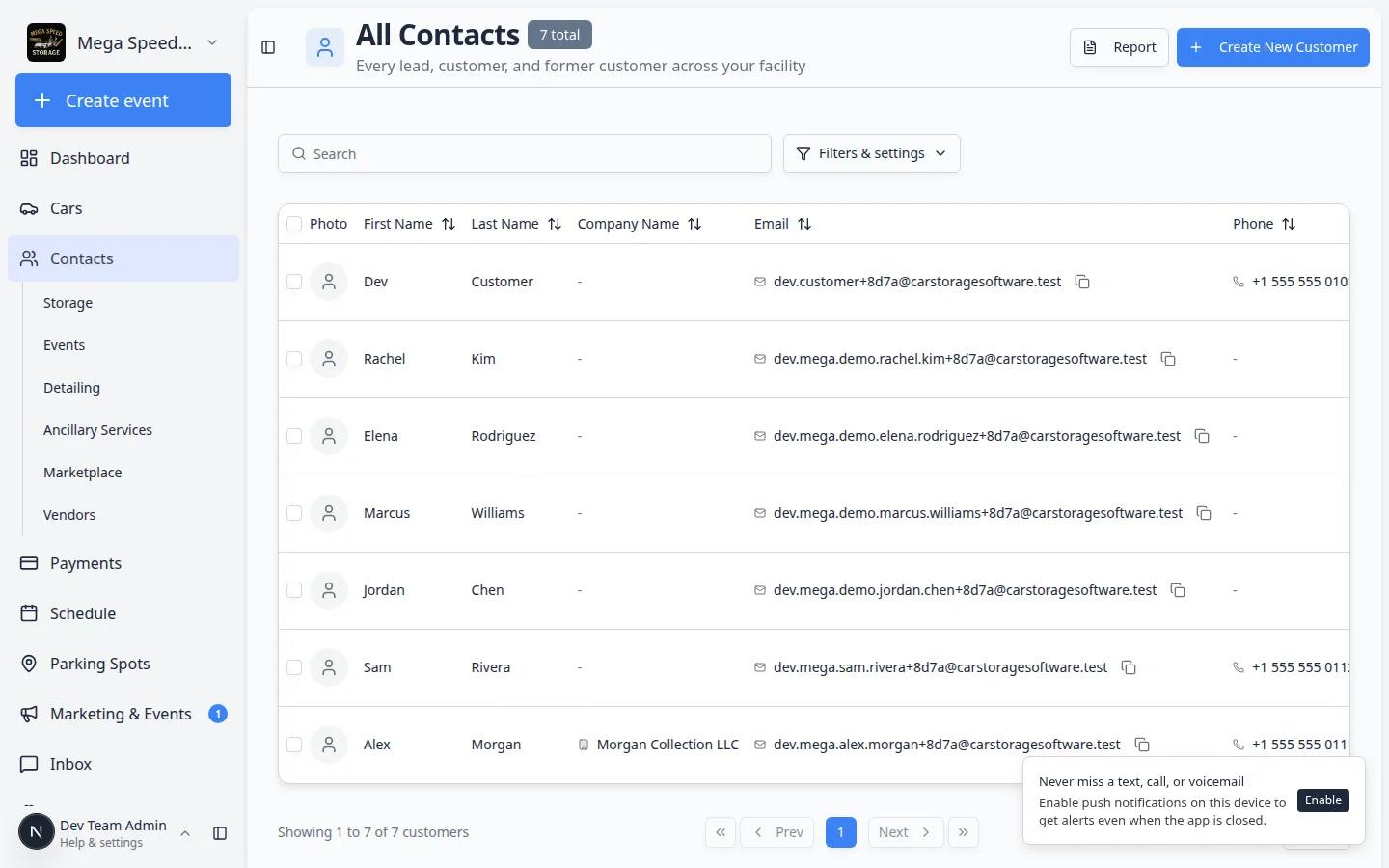Customer record detail page showing contact information, source marked Registration, linked vehicles, and staff action buttons