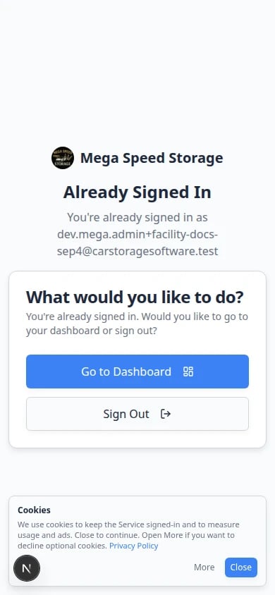 Customer sign-in page on a phone-sized screen showing facility name and email field