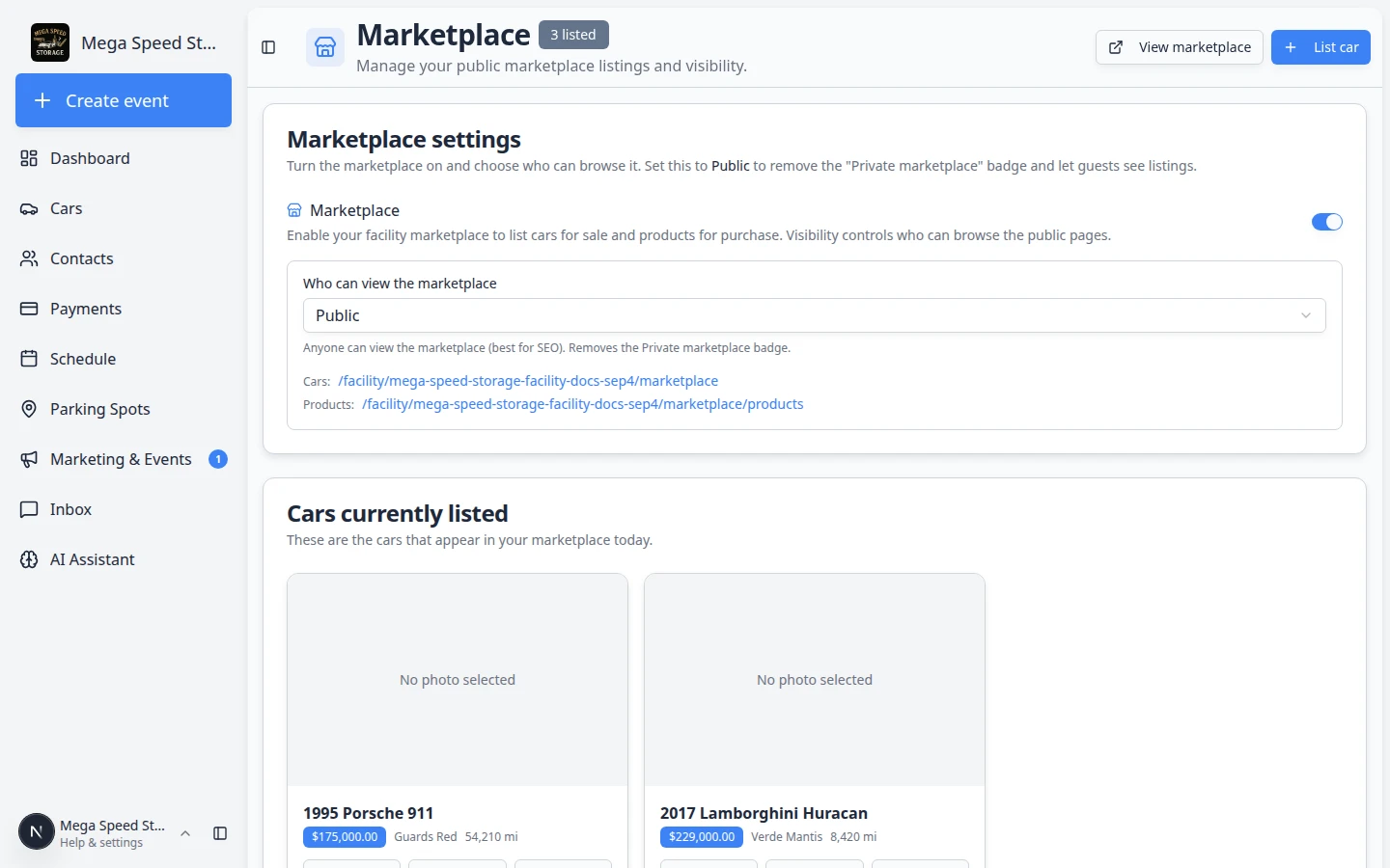 Staff Marketplace page showing listed cars and products with status controls