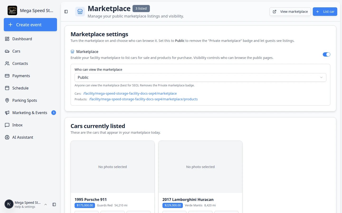 Staff Marketplace page showing listed cars and products with status controls