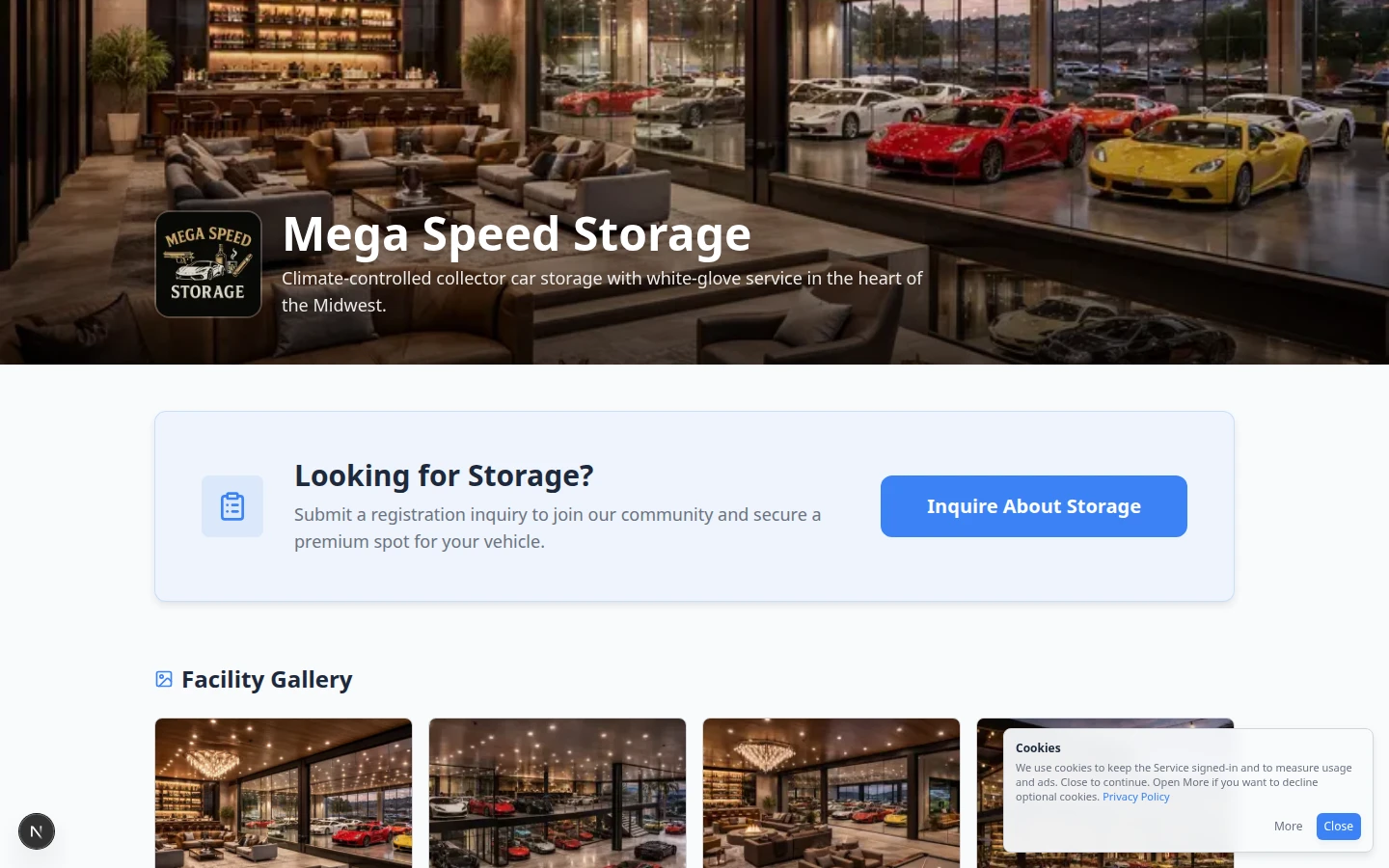Public facility page showing facility name, services, storage inquiry section, and photo gallery