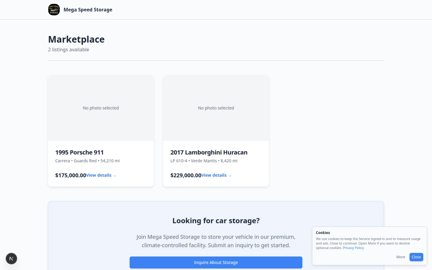 Public vehicle marketplace showing cars listed for sale with prices and Express interest buttons