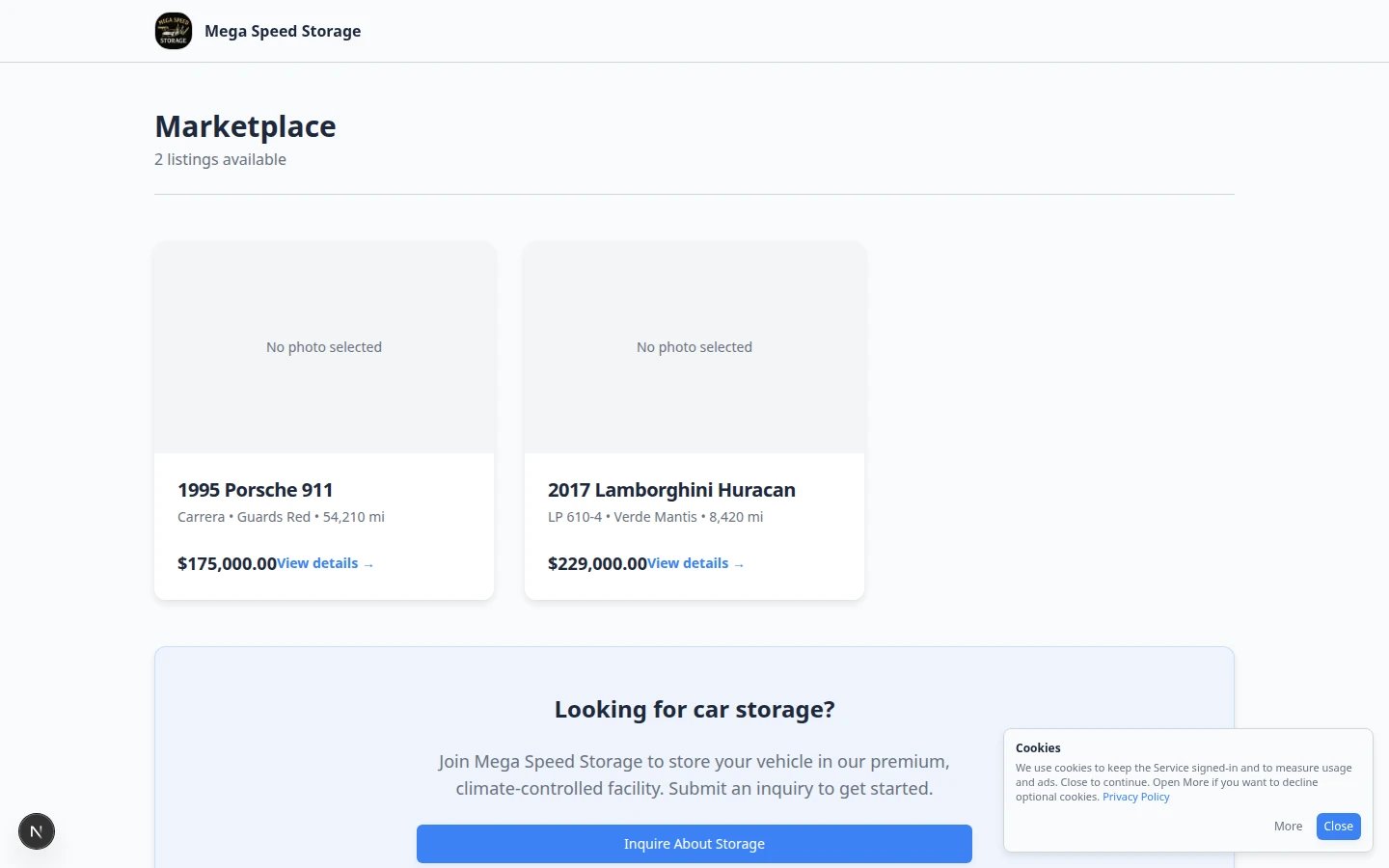 Public vehicle marketplace showing cars listed for sale with prices and Express interest buttons