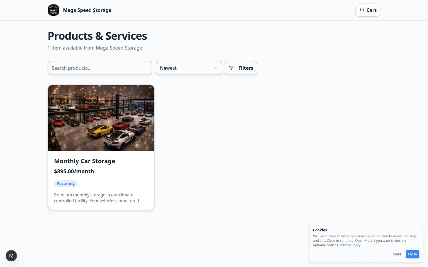 Public product marketplace showing storage plans and purchase options