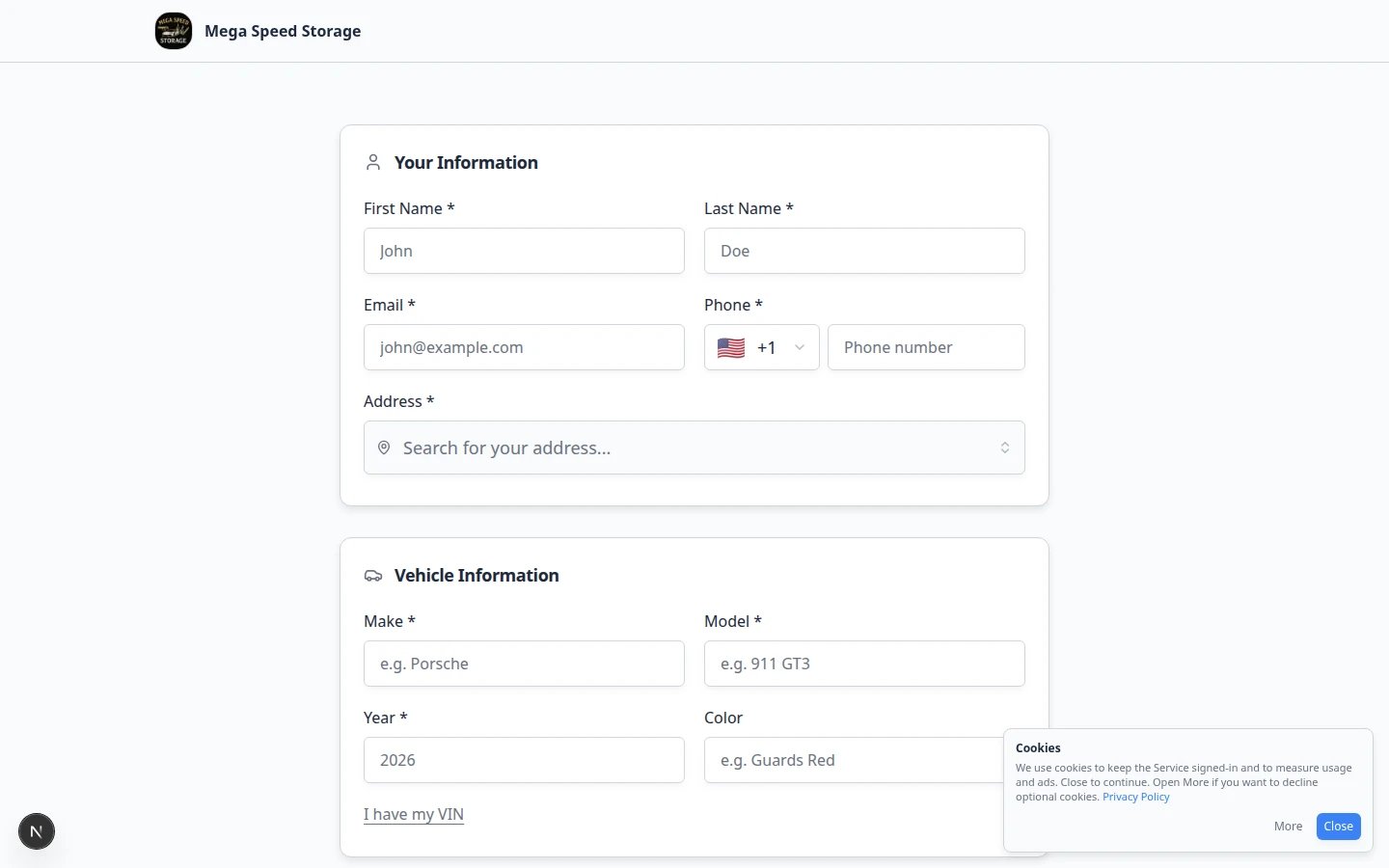 Public customer registration form showing customer information fields and a continue button