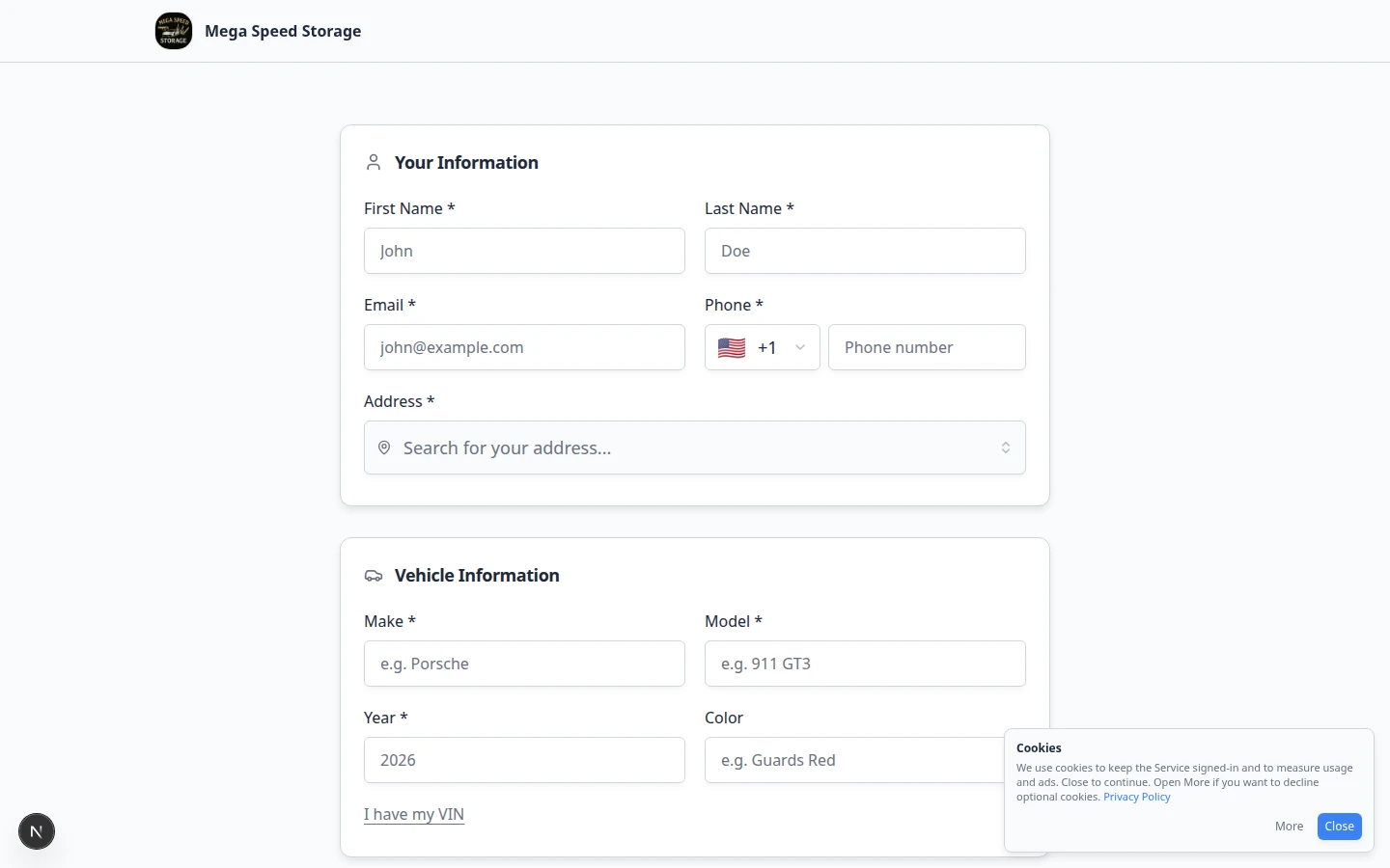 Public registration form where a prospect enters contact and vehicle information