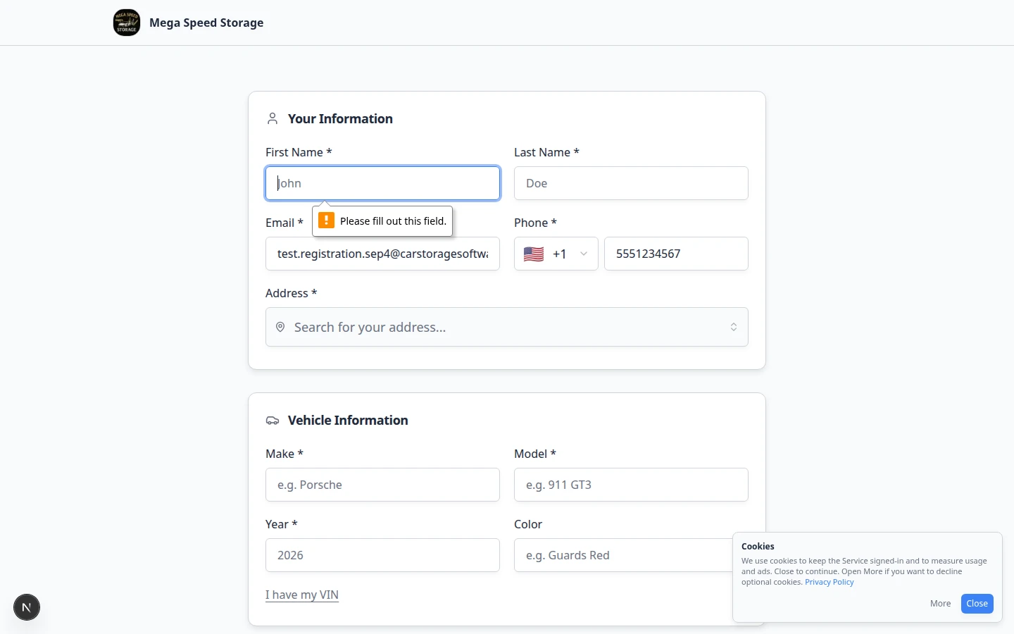 Registration form confirmation screen shown to a prospect after they submit a storage request