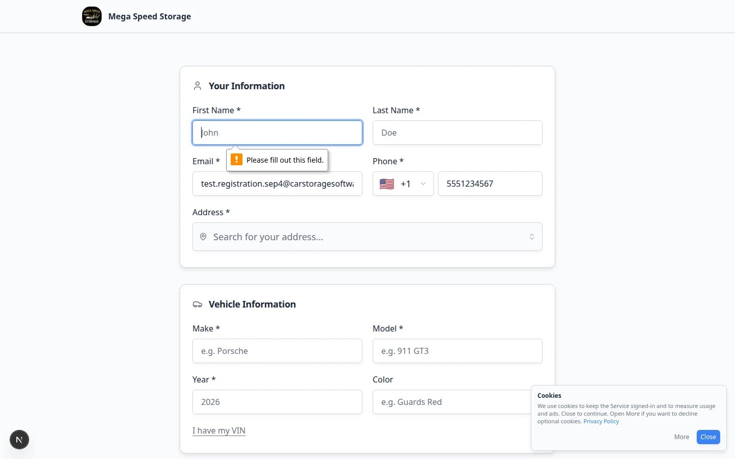 Registration form confirmation screen shown to a prospect after they submit a storage request