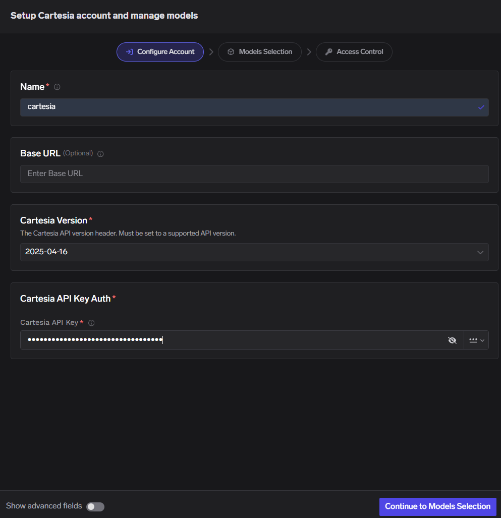 Cartesia account configuration form with fields for API key and collaborators