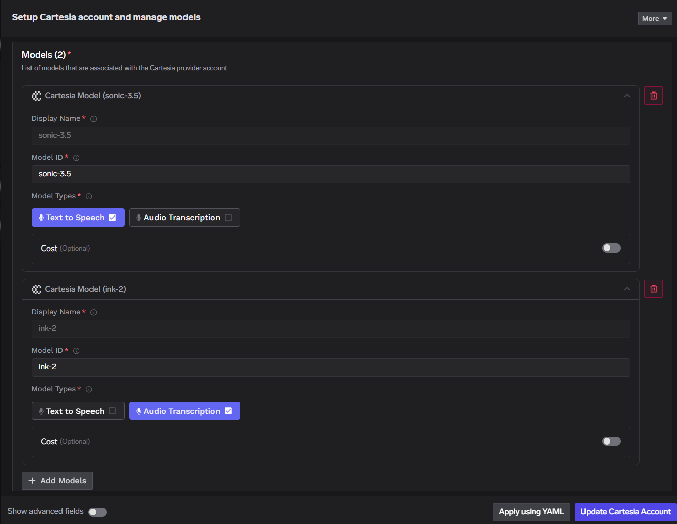 Add Cartesia model form with display name, model ID, and model type