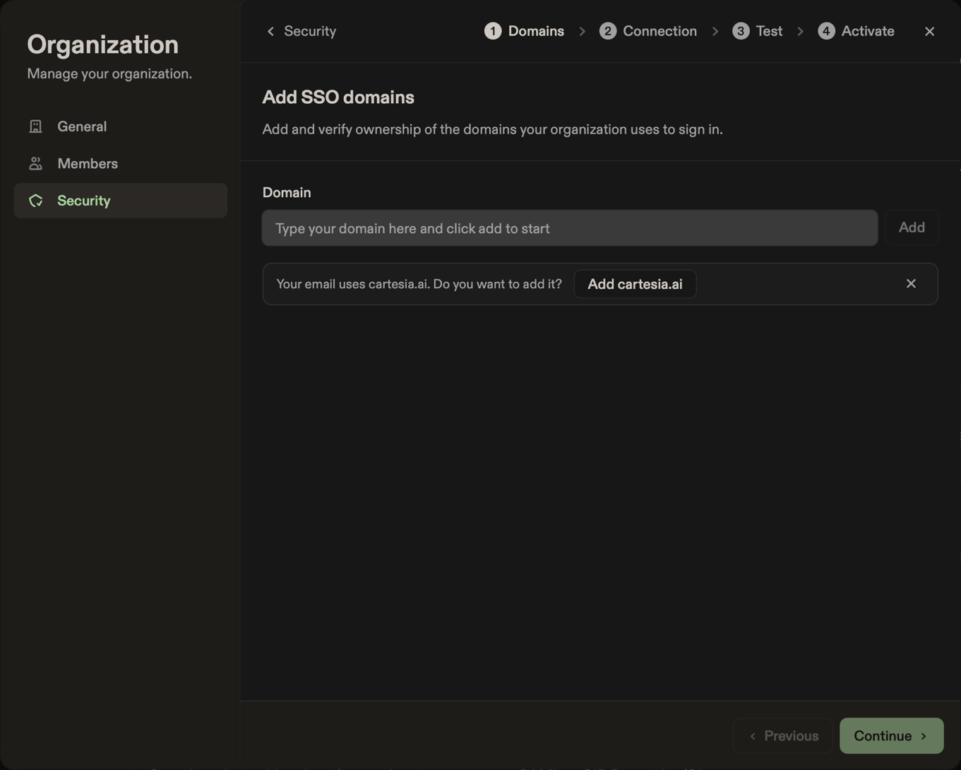 Add SSO domains step
