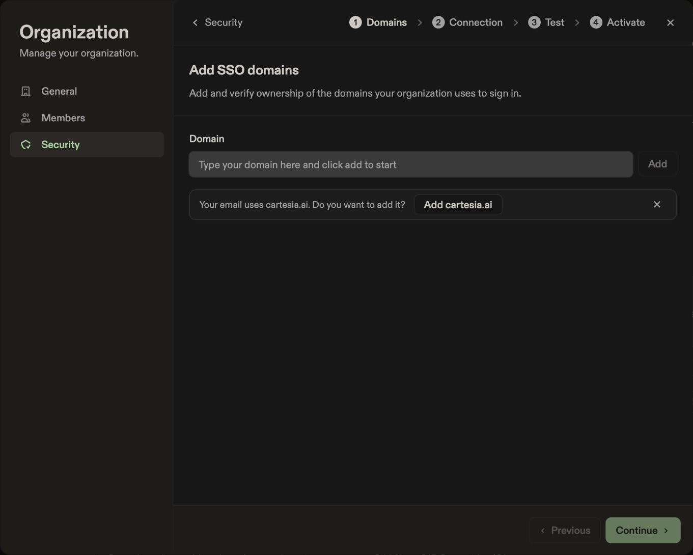 Add SSO domains step