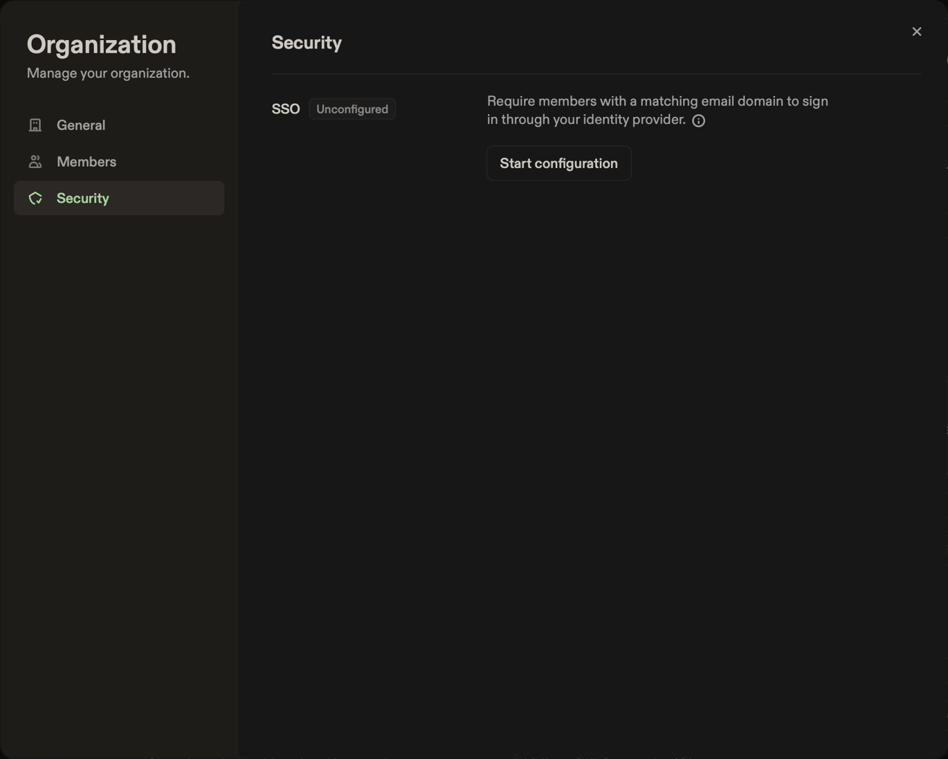 Security tab with SSO unconfigured