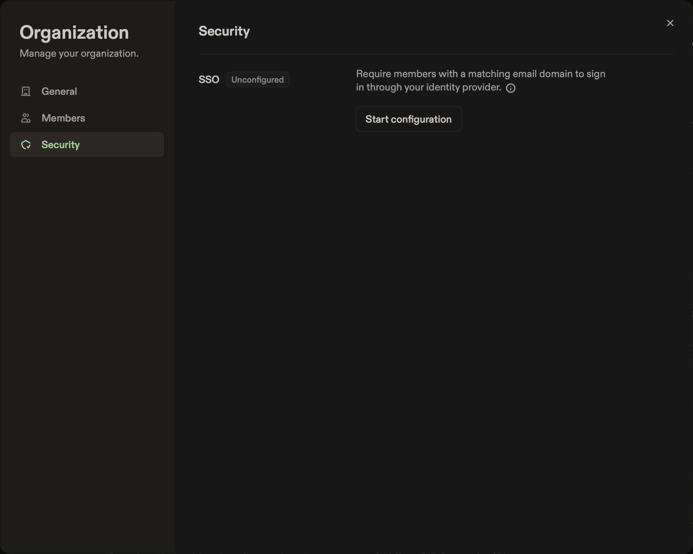 Security tab with SSO unconfigured