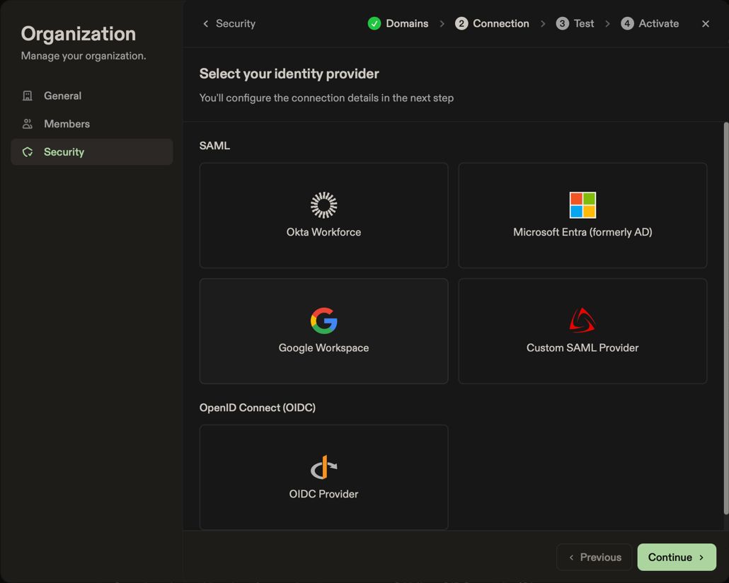 Select your identity provider step