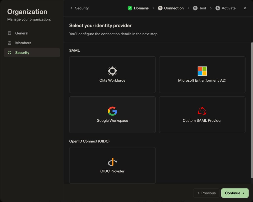 Select your identity provider step