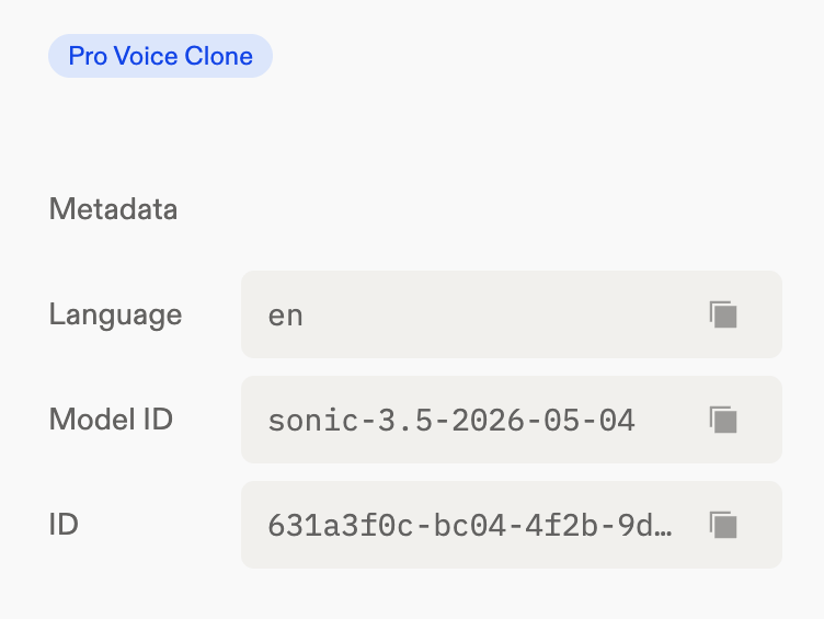Pro Voice Clone の詳細に表示されるモデル ID