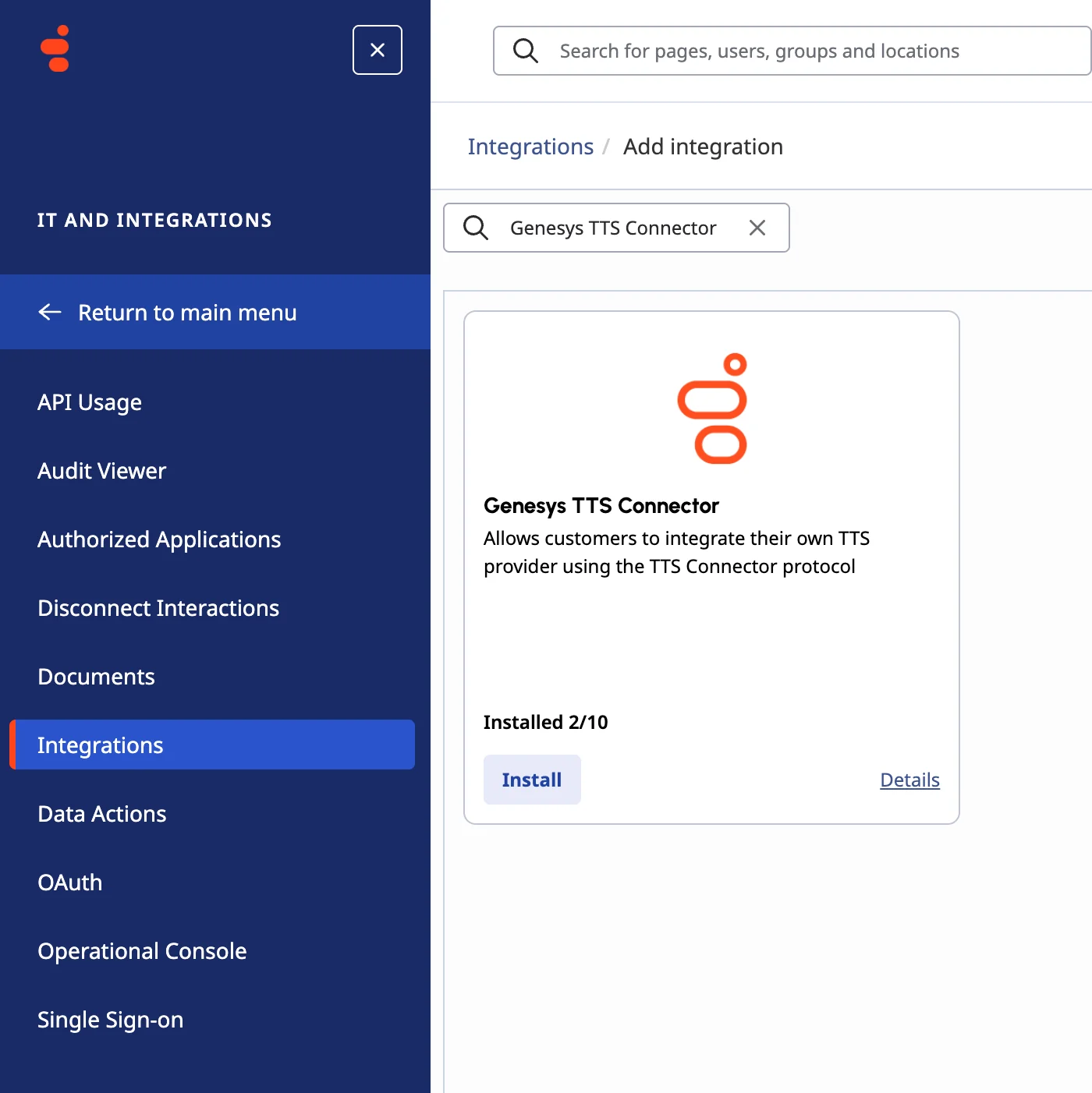 Genesys Cloud integrations page showing the Genesys TTS Connector integration
