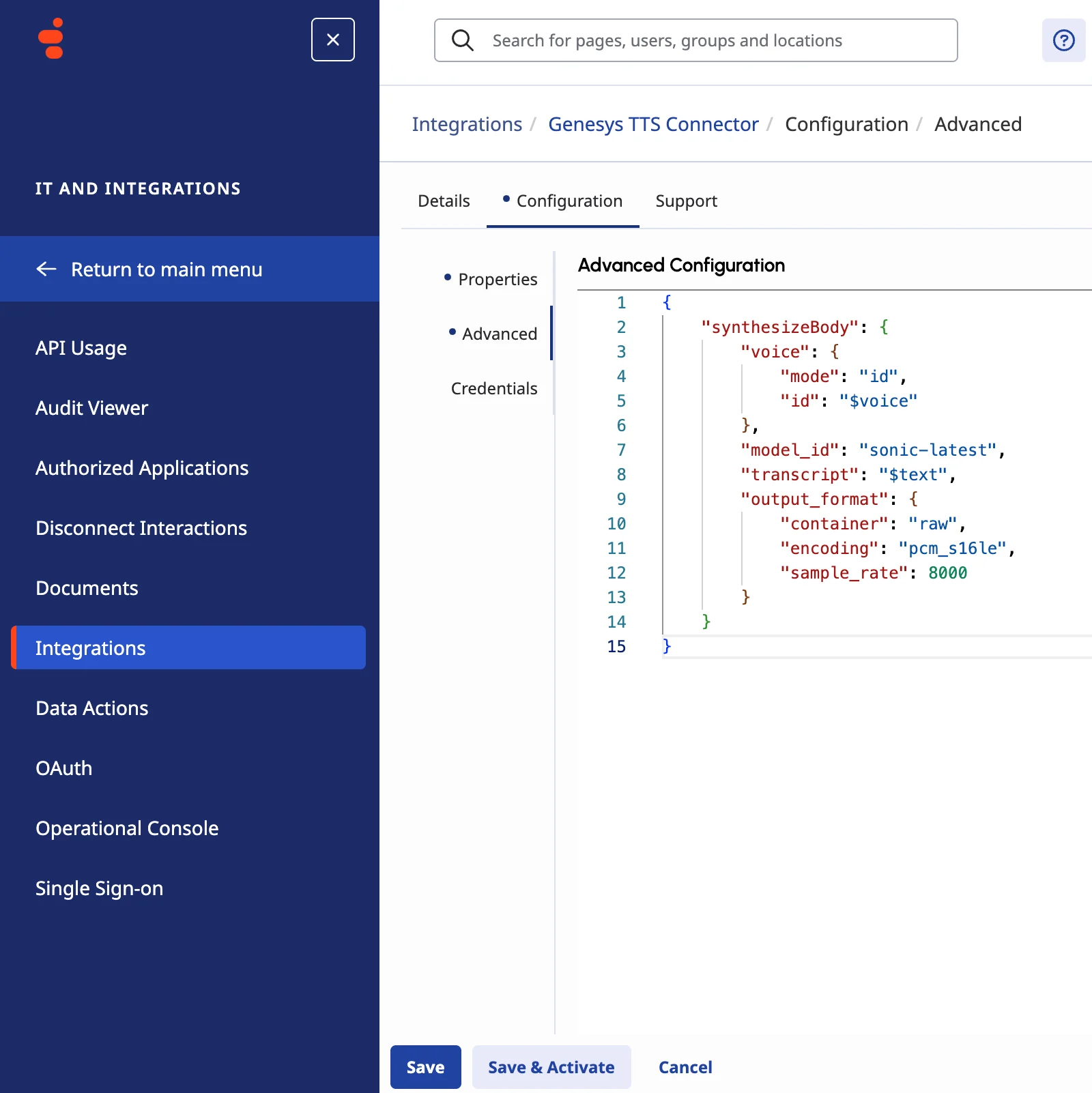 Genesys TTS Connector advanced JSON configuration for Cartesia