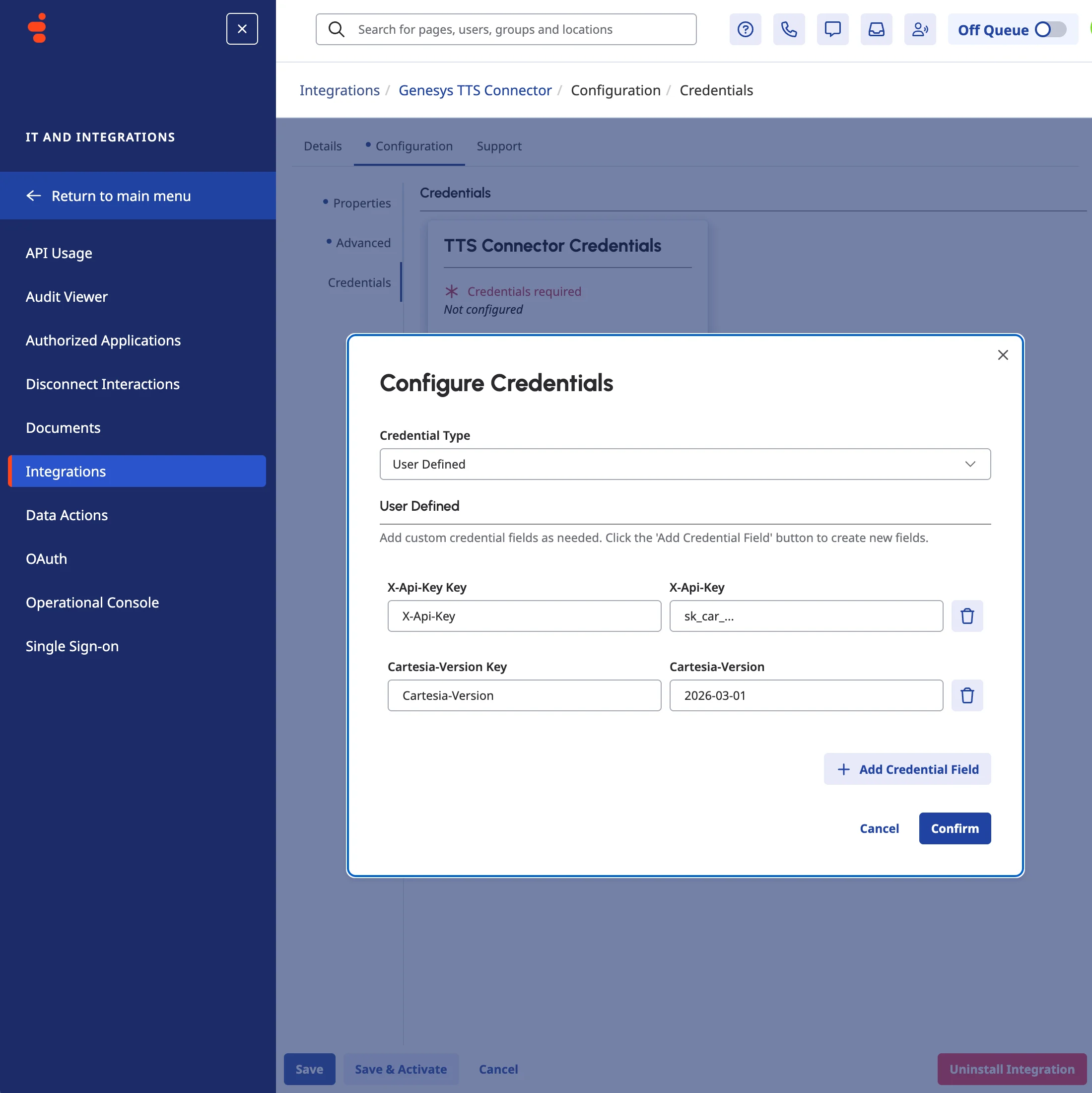 Genesys TTS Connector credentials configured with Cartesia API headers