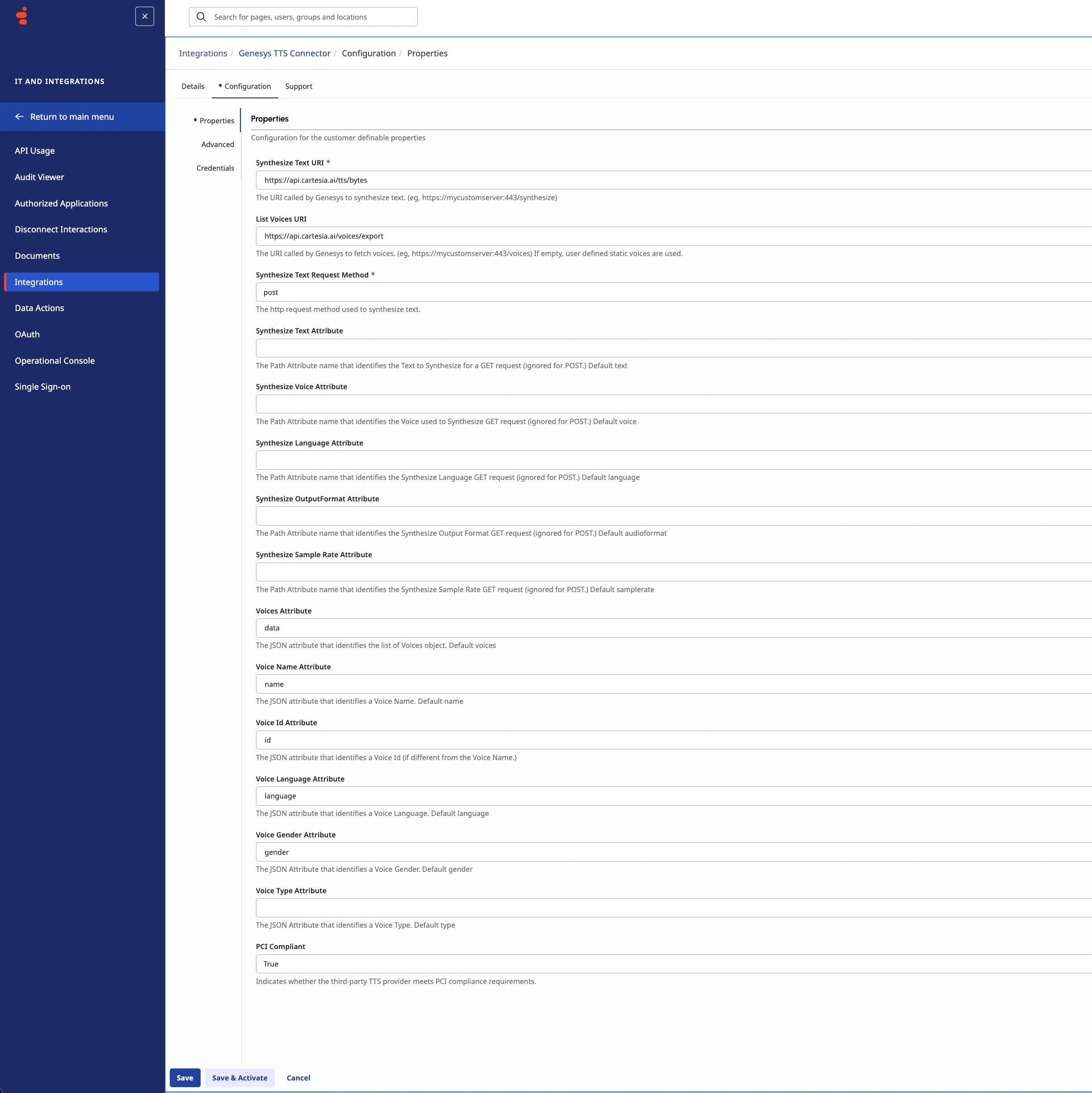 Genesys TTS Connector properties configured for Cartesia