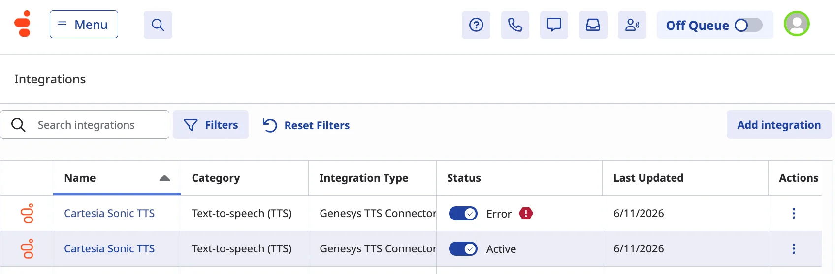 Genesys TTS Connector integrations in an error and active state