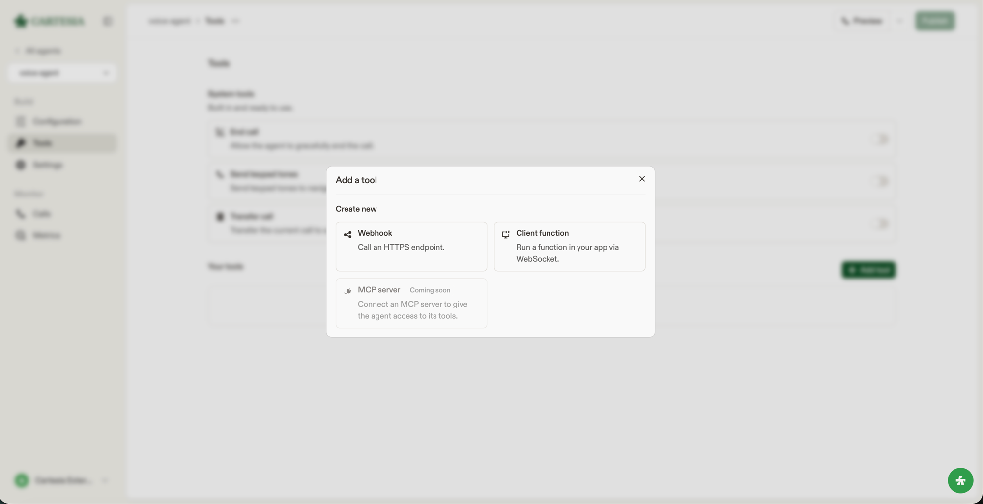 Add a tool dialog in the Playground offering Webhook and Client function