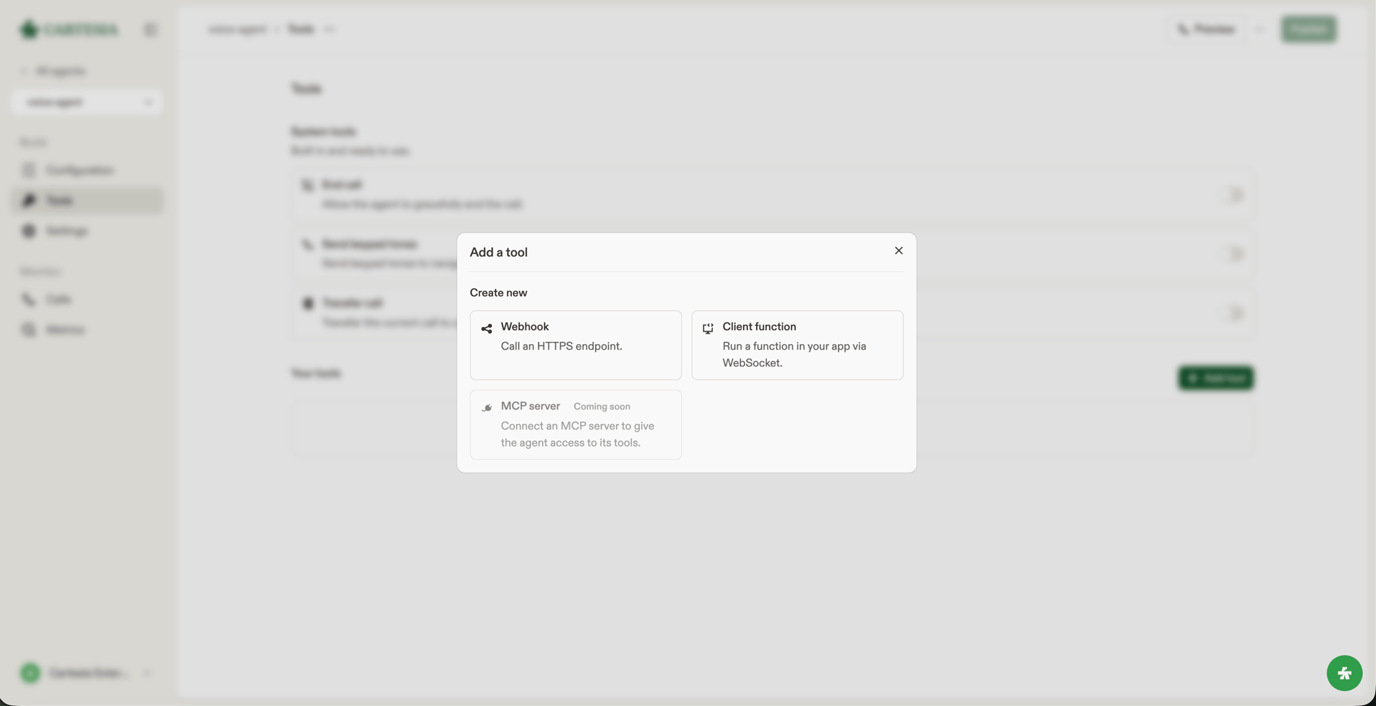 Add a tool dialog in the Playground offering Webhook and Client function