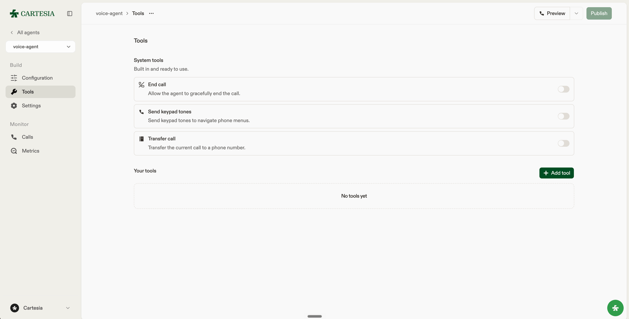 Tools page in the Playground with End call, Send keypad tones, and Transfer call toggles
