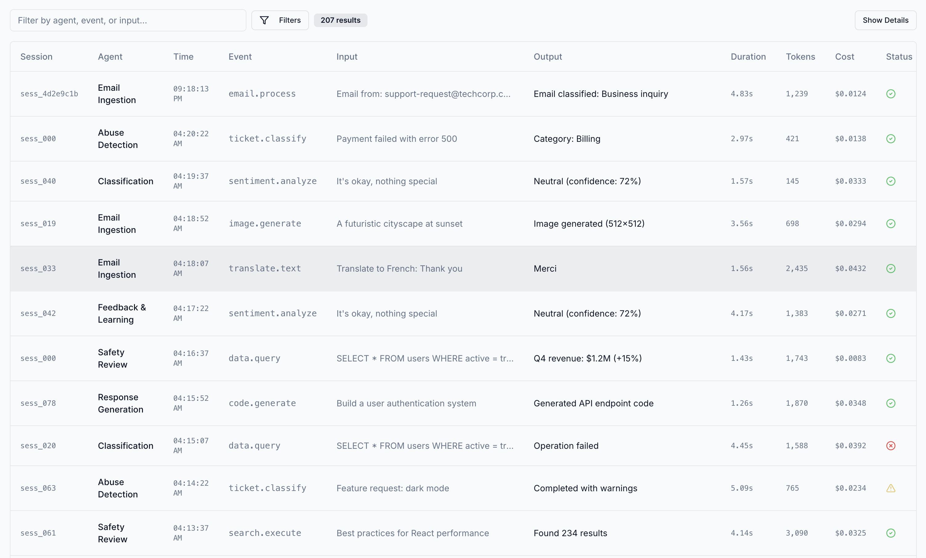Cascade log interface showing detailed trace execution