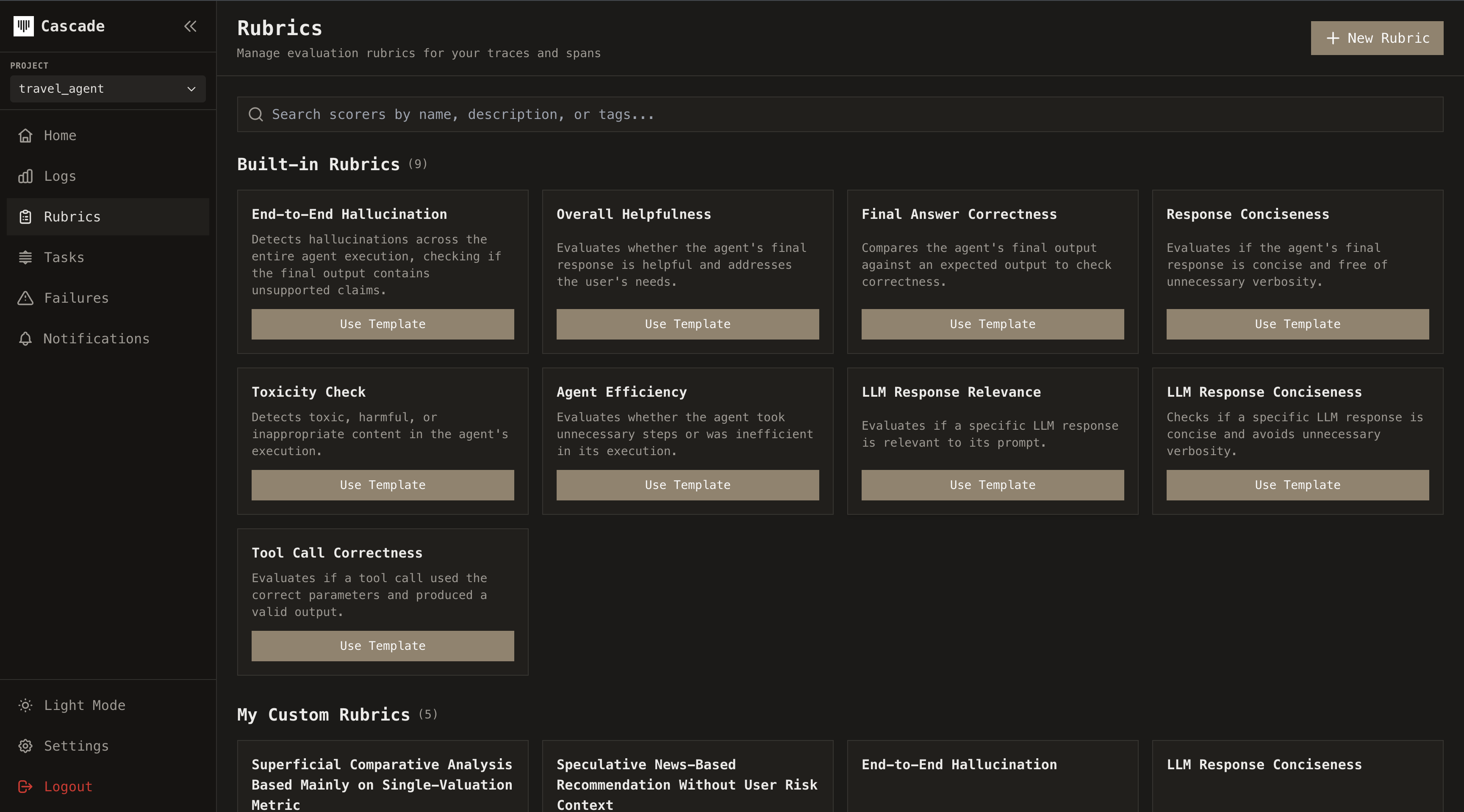 Rubrics page showing the list of built-in rubric templates with their descriptions and activate buttons