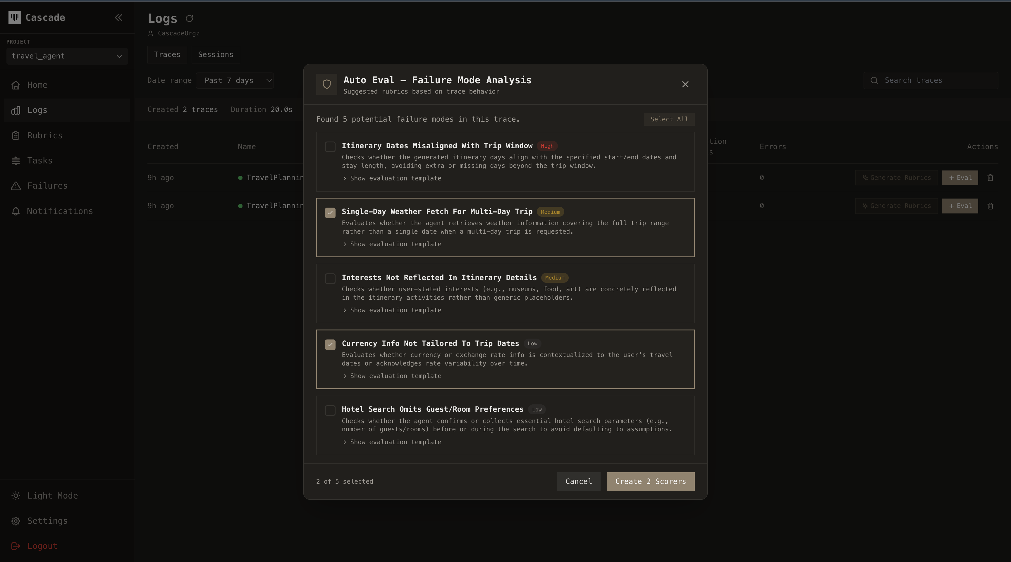 Auto Eval failure mode analysis showing suggested rubrics based on trace behavior