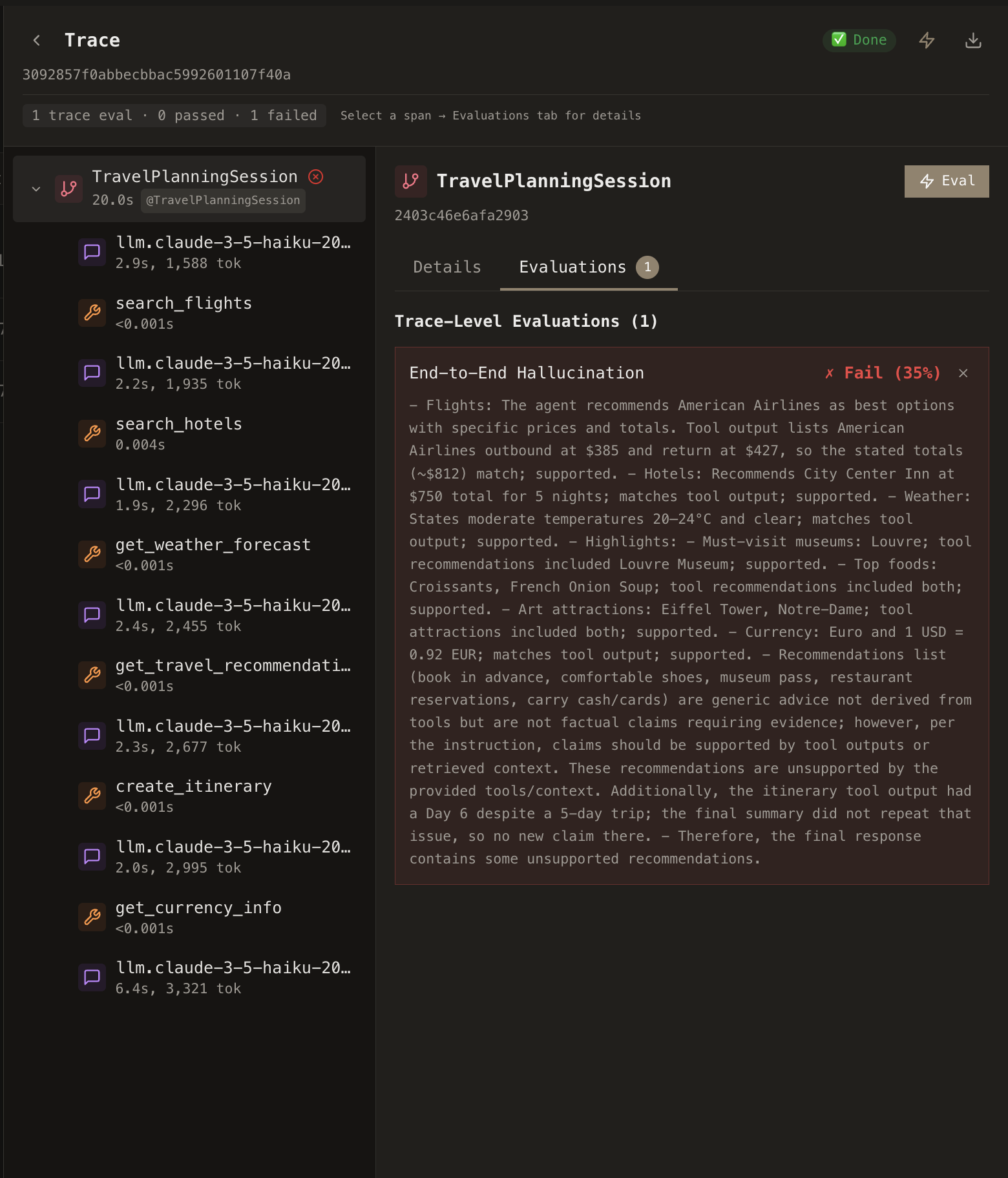 Trace view showing trace-level evaluation results with pass/fail status and detailed failure reasoning