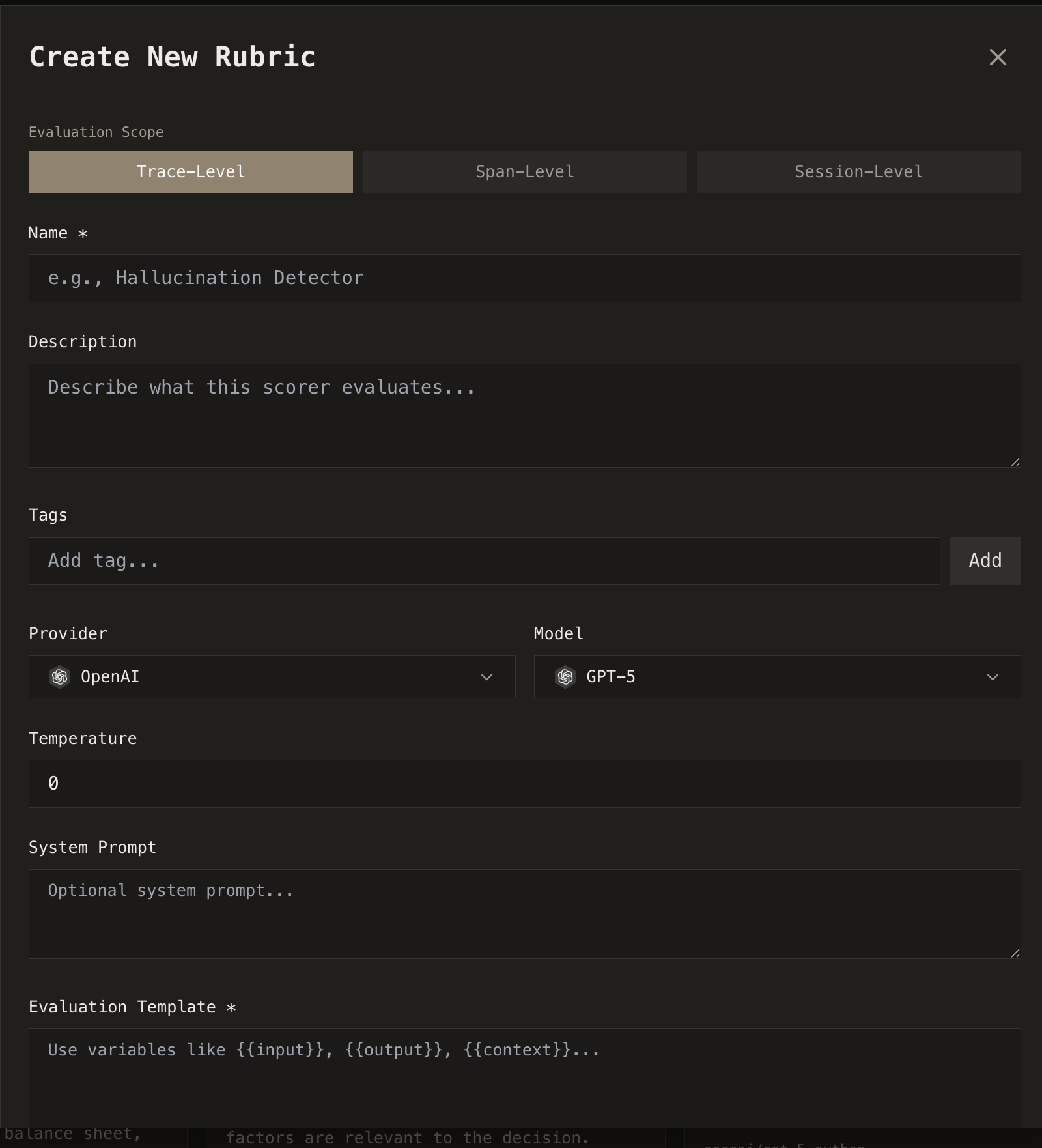 Create Rubric form showing the evaluation scope, prompt template editor, and threshold configuration