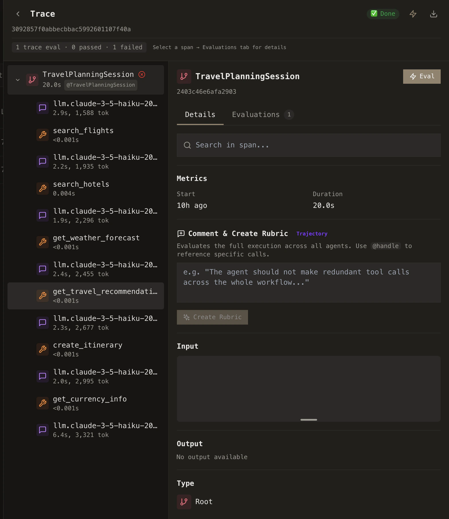 Trace detail view showing the Comment and Create Rubric panel with span input, output, and create rubric button